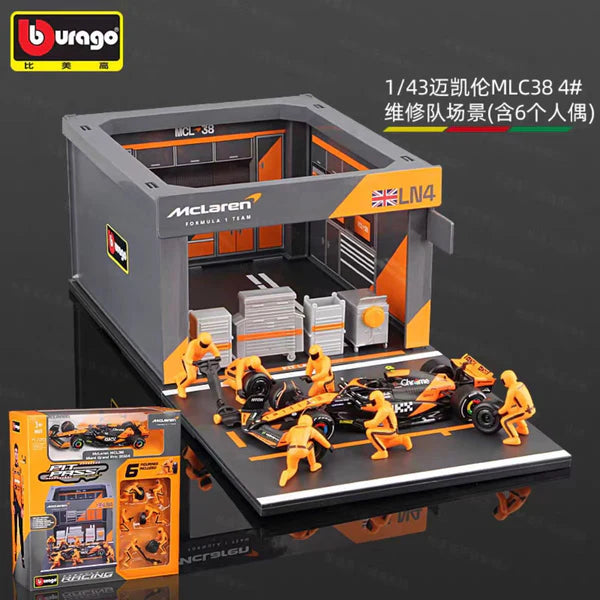 Bburago Garage Kit McLaren MCL38 Formula 1 Pit Stop Scene Lando Norris #4 Diecast Model Set – 1:43 Scale