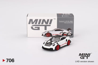 Mini GT Porsche 911 GT3 RS Weissach Package, 1:64 Scale, White with Pyro Red, Limited Edition Die-Cast MGT00706