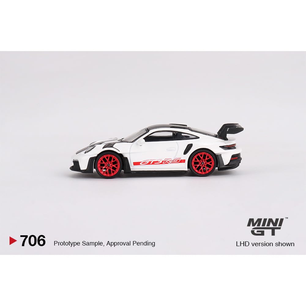 Mini GT Porsche 911 GT3 RS Weissach Package, 1:64 Scale, White with Pyro Red, Limited Edition Die-Cast MGT00706