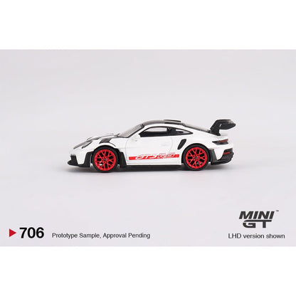 Mini GT Porsche 911 GT3 RS Weissach Package, 1:64 Scale, White with Pyro Red, Limited Edition Die-Cast MGT00706