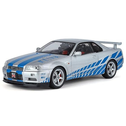 JinliFang 1/18 Scale Nissan Skyline GTR-R34 Alloy Diecast Model Car with Openable Door Sound & Light