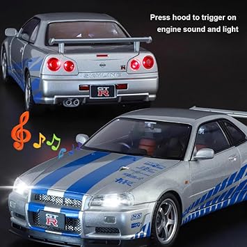 JinliFang 1/18 Scale Nissan Skyline GTR-R34 Alloy Diecast Model Car with Openable Door Sound & Light