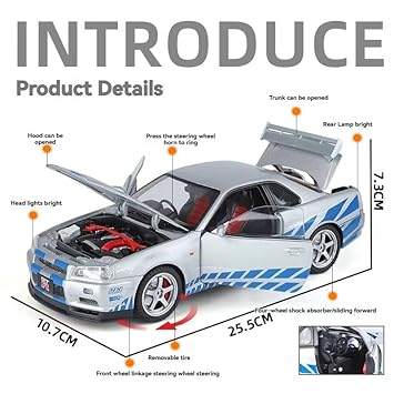 JinliFang 1/18 Scale Nissan Skyline GTR-R34 Alloy Diecast Model Car with Openable Door Sound & Light