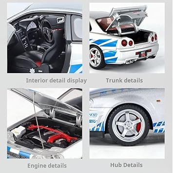 JinliFang 1/18 Scale Nissan Skyline GTR-R34 Alloy Diecast Model Car with Openable Door Sound & Light