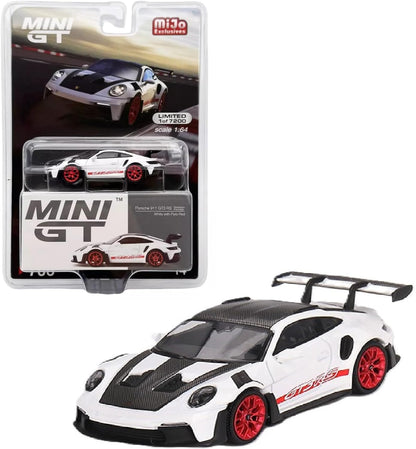 Mini GT Porsche 911 GT3 RS Weissach Package, 1:64 Scale, White with Pyro Red, Limited Edition Die-Cast MGT00706