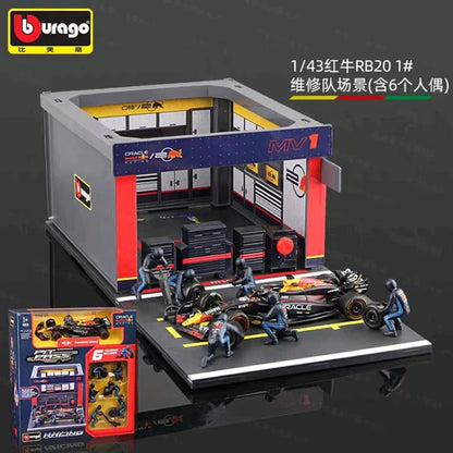 Bburago Garage Kit Red Bull RB20 Formula 1 Pit Stop Scene Max Verstappen #1 Diecast Model Set – 1:43 Scale